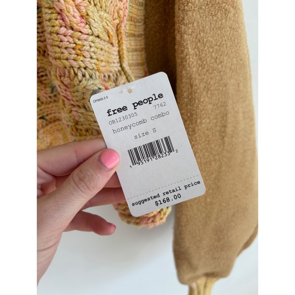 Free People Honeycomb Combo Cable Knit Cropped Sweater Yellow Multi OB1230305 S - Picture 5 of 5